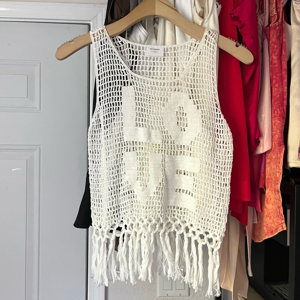 ANNA KOSTUROVA white cotton open crochet knit fringe hem cropped sweater tank - Picture 1 of 6